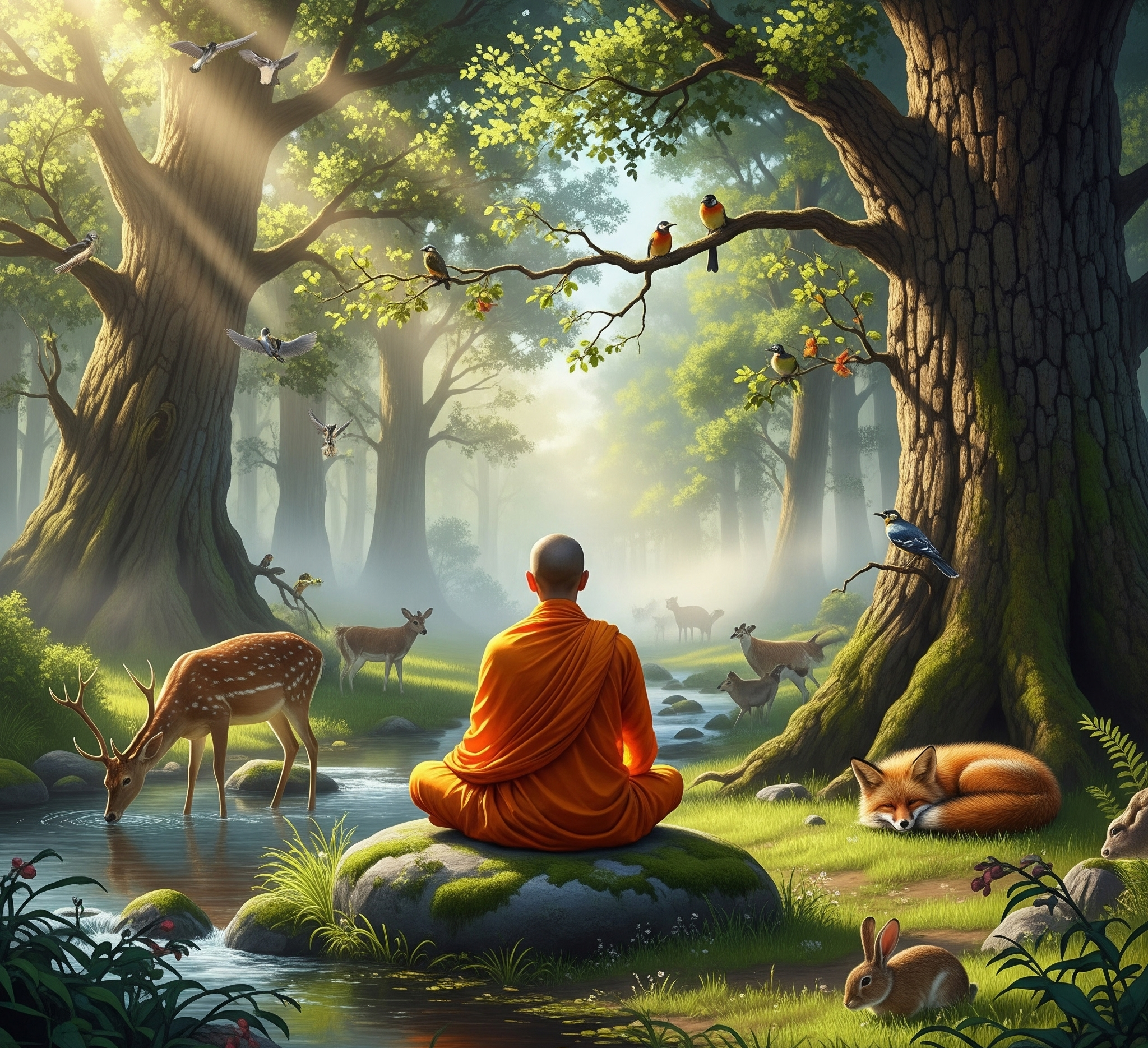 A Buddhist monk in a peaceful, natural forest setting