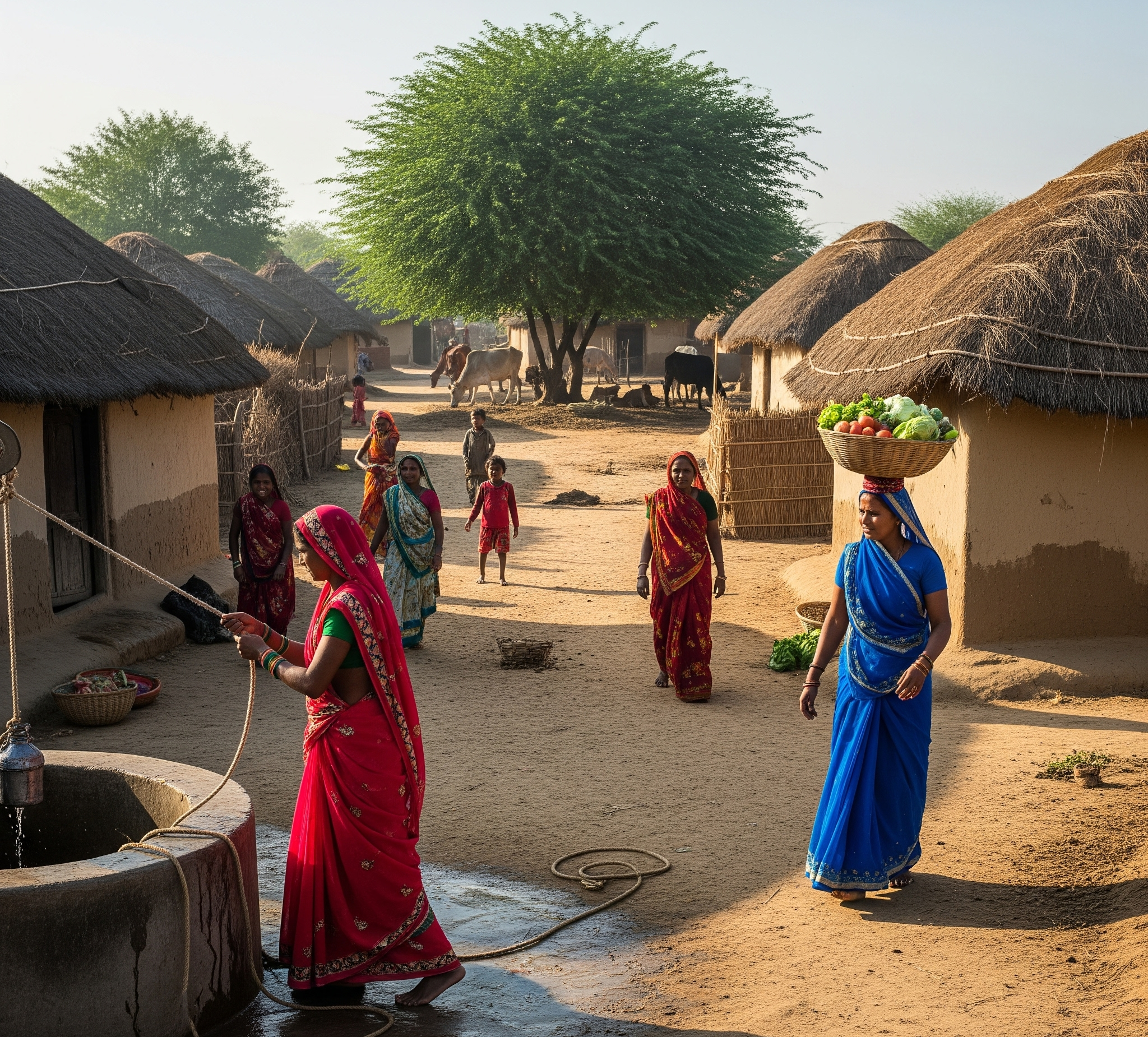 Rural Indian village scene with women in colorful saris